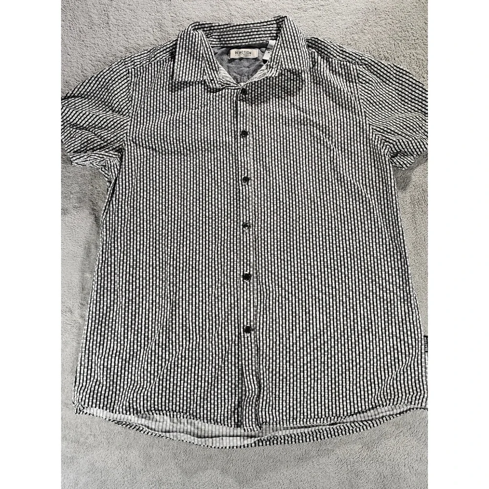 Kenneth Cole Reaction Mens Short Sleeve Button Down Shirt Black White Check M